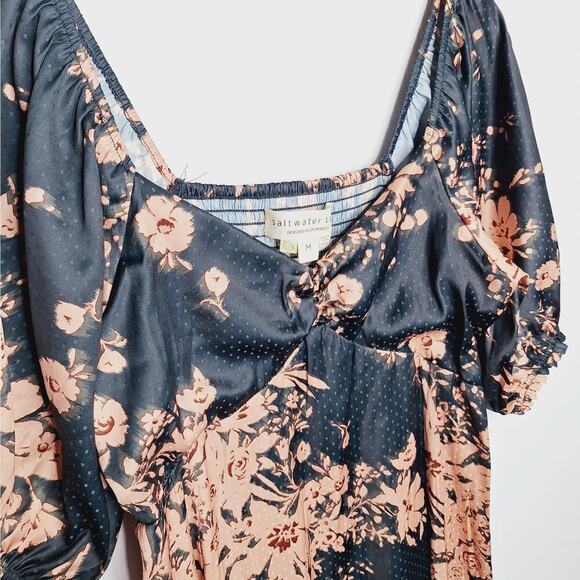 Saltwater LUXE Alyvia Midi Dress M Dark Ivy Floral Cottage Boho Smocked Puff - Picture 6 of 14